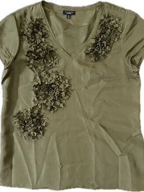 Talbots 100% silk  Olive V-Neck Short Sleeve Top with Floral Appliqués